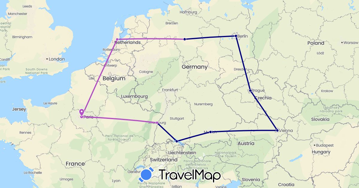 TravelMap itinerary: driving, train in Austria, Czech Republic, Germany, France, Netherlands (Europe)