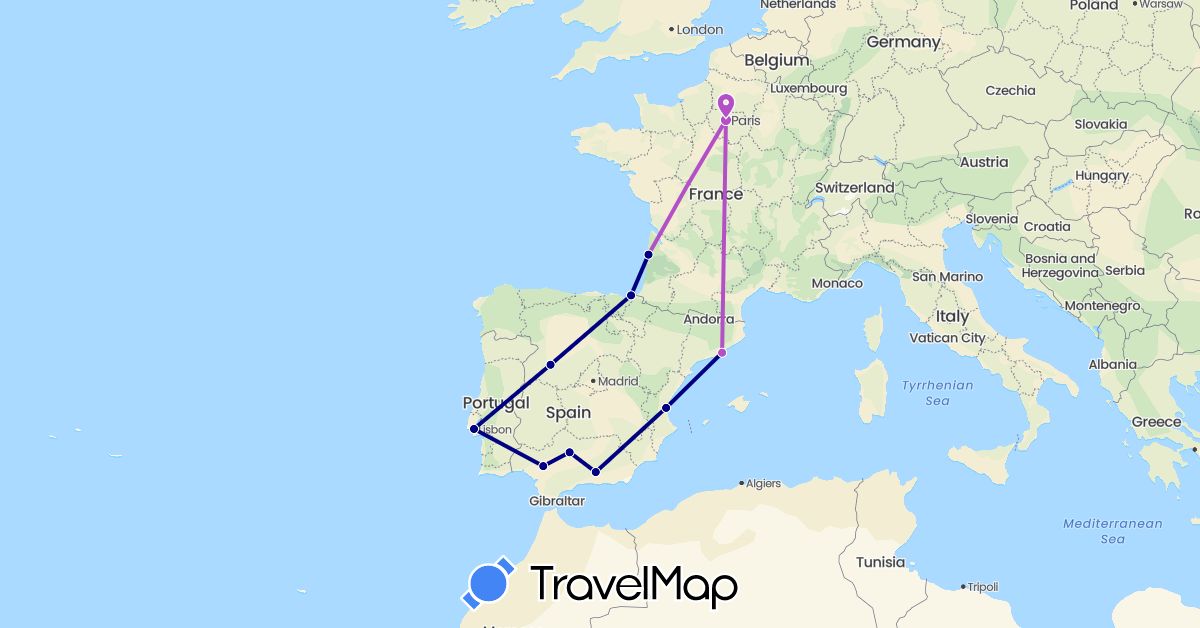 TravelMap itinerary: driving, train in Spain, France, Portugal (Europe)